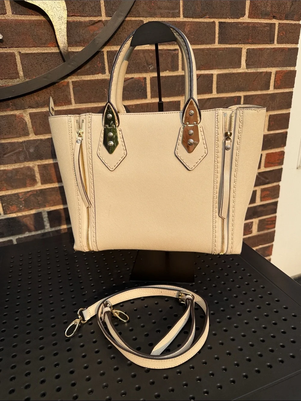 Henri Bendel West 57th Cream Saffiano Leather Satchel Crossbody Bag
